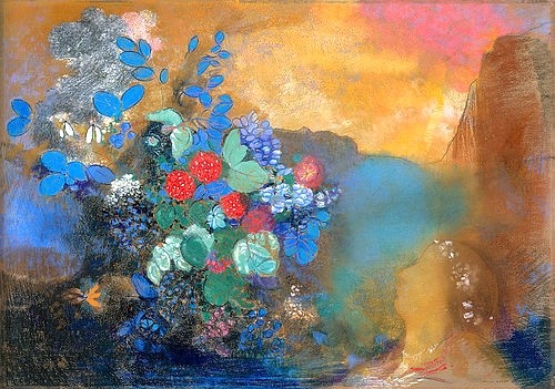 Odilon Redon, Ophelia zwischen Blumen. Um 1905-08 (Wunschgröße, klassische Moderne, Symbolismus, Ophelia, Hamlet, Shakespeare, Blumengirlande, Treppenhaus, Wohnzimmer, Malerei, bunt)
