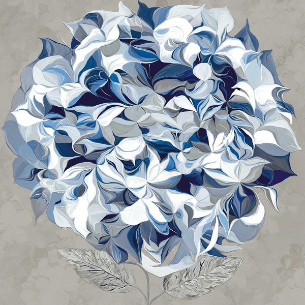Sally Scaffardi, ELEGANT HYDRANGEA I (Blumen, Hortensie, Floral, Blüten, Blütenblätter, Malerei, Treppenhaus, Wohnzimmer, Schlafzimmer, Wunschgröße, blau/grau)