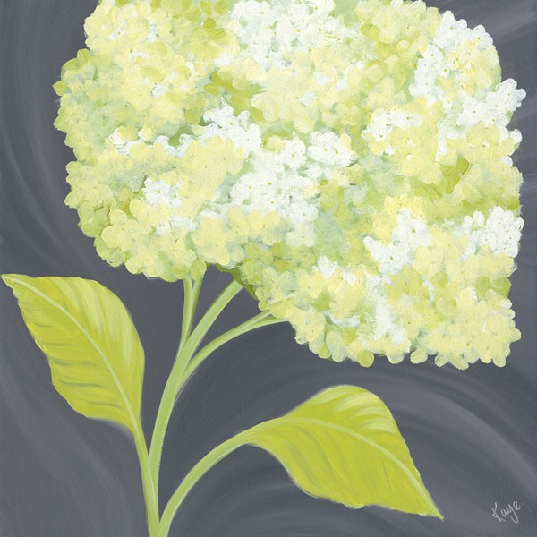 Kaye Lake, FOREVER GREEN I (Malerei, Zeitgenössisch, Natur, Blumen, Blüten, Blütenzweig, Dolde, Schneeball, Wunschgröße, Treppenhaus, Wohnzimmer, Schlafzimmr, Weiß / grau)