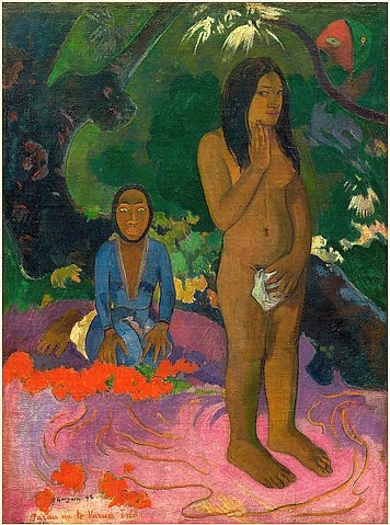Paul Gauguin, Parau na te Varua ino (Worte des Teufels). 1892. (Washington,National Gallery,Gauguin,Paul,1848-1903,Öl auf Leinwand,19. Jahrhundert,Post-Impressionismus,© Copyright Artokoloro Quint Lox Limited,© Copyright Artokoloro Quint Lox Limited,Copyright Artokoloro,tahiti,frau,nackt,beschwörung,wald)