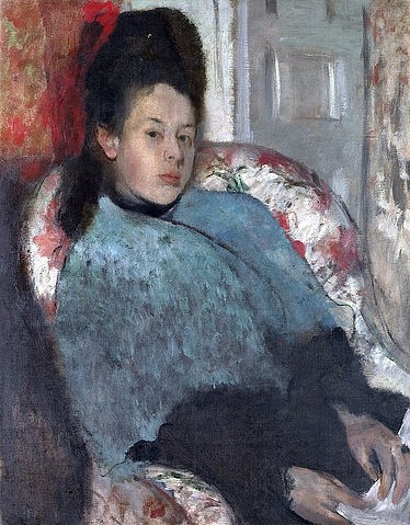 Edgar Degas, Bildnis von Elena Carafa. Um 1875 (Impressionismus,französischer,Portrait,19. Jahrhundert,Öl auf Leinwand,1834-1917,Degas,Edgar,London,National Gallery,Edgar Degas,junge Frau,Mädchen,Schultertuch,dunkelhaarig,Frisur,Sessel,sitzen,Elena Carafa)