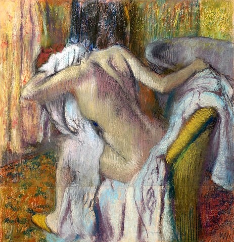 Edgar Degas, Nach dem Bad, sich abtrocknende Frau. Um 1890-95 (London,National Gallery,Degas,Edgar,1834-1917,Pastell,19. Jahrhundert,Impressionismus,französischer,auf Velinpapier,auf Pappe aufgelegt,Edgar Degas,baden,Bad, Frau intim,sich abtrocknen,Handtuch,Rücken,Rückenansicht,Badewanne,sitzen,Pastell)