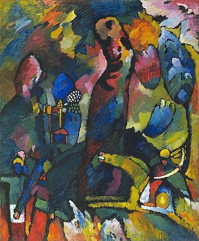 Wassily Kandinsky, Der Bogenschütze. 1909 (New York,Museum of Modern Art,Kandinsky,Wassily,1866-1944,Öl auf Leinwand,20. Jahrhundert,Expressionismus,Der Blaue Reiter,Kandinsky, Wassily,Frühwerk,galoppieren,Bäume,Landschaft,zielen,Bogen,farben,farbenfroh,russisch,Turm,Kuppel)