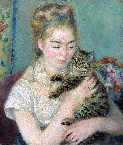Pierre-Auguste Renoir, Frau mit Katze. Ca. 1875. (junge Frau, Portrait, Katze, Haustier, Schmusen, Impressionismus, klassische Moderne, Wunschgröße, Wohnzimmer, Malerei)