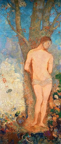 Odilon Redon, Der Heilige Sebastian. 1910/1912. (Wunschgröße, klassische Moderne, Symbolismus, Figurativ, Heiliger, Sebastian, Martyrium, Pfeile, Folter, Religion, durchbohren, Treppenhaus, Wohnzimmer, Malerei, bunt)