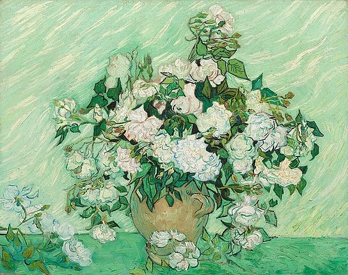 Vincent van Gogh, Rosen. 1890 (Post-Impressionismus,Öl auf Leinwand,Washington,National Gallery,Stillleben,Blumen,19. Jahrhundert,Gogh,Vincent van,1853-1890,Washington,DC,Vincent van Gogh,Blumen Blumenstrauß Krug Vase weiß weiße Rosen Rosenstrauß grün hellgrün mint)