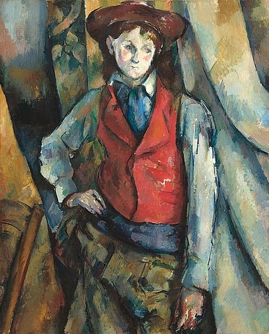 Paul Cézanne, Junge in roter Weste. 1888-90 (junger Mann, Vorhang, Knabe, Kniestück, nachdenklich, Menschen, Klassiker, Post-Impressionismus, Wunschgröße, Wohnzimmer)