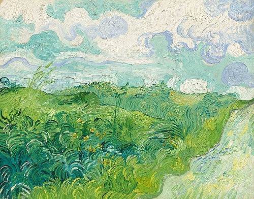 Vincent van Gogh, Grüne Weizenfelder, Auvers. 1890 (Gogh,Vincent van,1853-1890,Washington,National Gallery,Öl auf Leinwand,19. Jahrhundert,Landschaft,Post-Impressionismus,Washington,DC,Vincent van Gogh,Felder,Weizenfelder,auf dem Land,ländlich,Sommer,grün,Wolken,Duktus)