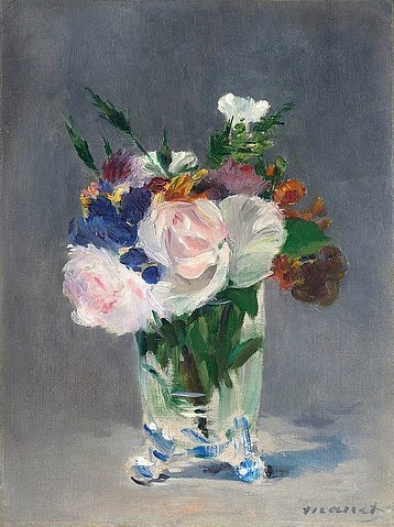 Édouard Manet, Blumen in einer Kristallvase. Um 1882 (Malerei, Stillleben, Impressionismus, Blumen, Vase, Blumenvase, Strauss, Rosen, Wohnzimmer, Schlafzimmer, Klassiker, Wunschgröße, bunt)