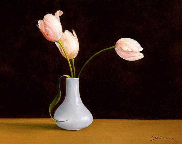 Heinz Schölnhammer, KONTRAST I (Stillleben, Tulpen, Blumen, Blüten, Blumenvase, Kontrast, modern, Realismus, Wunschgröße, Esszimmer, Wohnzimmer, Treppenhaus, Malerei, bunt)