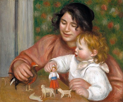 Pierre-Auguste Renoir, Kind mit Spielsachen - Gabrielle mit dem Sohn des Künstlers, Jean. 1895-96 (Frau, Mutter, Kleinkind,  spielen, Spielsachen, Figuren, Spielfiguren, Püppchen, Interieur, Impressionismus, klassische Moderne, Wunschgröße, Wohnzimmer, Malerei)