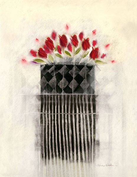 Marilyn Robertson, ROT UND SCHWARZ I (Malerei, Stillleben, Rosen, Blumen, Blüten, Vase, Strauß, dekorativ, Schlafzimmer, Treppenhaus, Wohnzimmer, Wunschgröße, bunt)