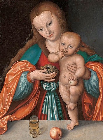 LUCAS CRANACH Der Ältere, Madonna mit Kind. Wohl um 1535 oder später (Maria, Jesus Kind, Knabe, Mutter-Kind,Obst, Trauben, Äpfel, Religiös, Neues Testament, Christlich, Klassiker, Renaissance, Wunschgröße, Wohnzimmer)
