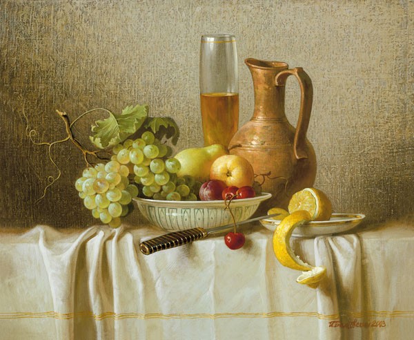 Igor Belkovskij, STILL LIFE WITH PITCHER (Stillleben, Obstschale, Herbst,Trauben, Birnen, Zitrone, Krug,  Nostalgie, Esszimmer, Küche, Wohnzimmer,  Treppenhaus, Wunschgröße, Malerei, Wunschgröße, bunt)