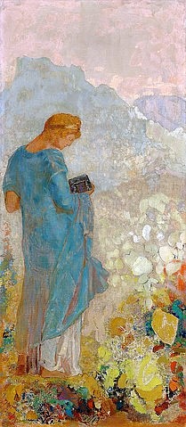 Odilon Redon, Pandora. 1910/12 (Wunschgröße, klassische Moderne, Symbolismus, Figurativ, Pandora, Büchse, Mythologie, Sagenwelt,  Treppenhaus, Wohnzimmer, Malerei, bunt)