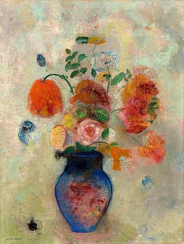 Odilon Redon, Große Vase mit Blumen. Um 1912 (Postimpressionismus, Stillleben, Blumenvase, Blüten, Blumen, Sommerblumen, Wiesenblumen, Mohn, floral, klassische Moderne, Malerei, Wohnzimmer, Esszimmer, Treppenhaus, Wunschgröße, bunt)