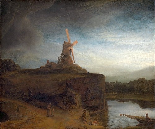Rembrandt van Rijn, Die Mühle. 1645/48 (Rembrandt van Rijn,1606-1669,Washington,National Gallery,Öl auf Leinwand,17. Jahrhundert,Barock,Landschaft,Washington,DC,Rembrandt van Rijn,Mühle,Windmühle,atmosphärisch,Wolken,dunkle Wolken Regenwolken,aufziehender Sturm,Fluss,bedeckt,Gewitterwolke,Gewit)