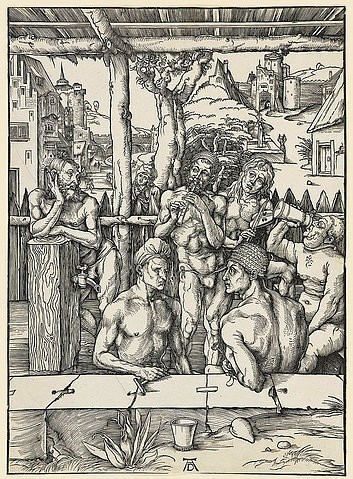 Albrecht Dürer, Das Männerbad. Um 1496 (Dürer,Albrecht,1471-1528,Holzschnitt,16. Jahrhundert,Renaissance,deutsche,Kunsthalle Bremen,28195 Bremen,Kunsthalle Bremen - Der Kunstverein in Bremen. Kupferstichkabinett,Kupferstichkabinett,Albrecht Dürer,Badende,Bad nehmen,baden,Männer,Mann,Flötenspiel)