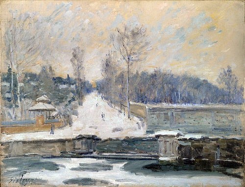 Alfred Sisley, Die Tränke bei Marly-le-Roi. Wohl 1875 (Impressionismus,französischer,19. Jahrhundert,Öl auf Leinwand,1839-1899,Sisley,Alfred,London,National Gallery,Alfred Sisley,Brunnen,Park,Weg,Winter,Schnee,Allee)