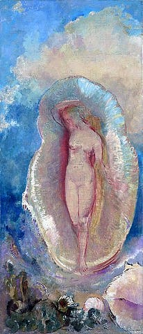 Odilon Redon, Die Geburt der Venus. Um 1912 (Wunschgröße, klassische Moderne, Symbolismus, Figurativ, Venus, Schönheit, Göttin, Muschel, Geburt, sinnlich, Mythologie, Sagenwelt,  Treppenhaus, Wohnzimmer, Malerei, bunt)