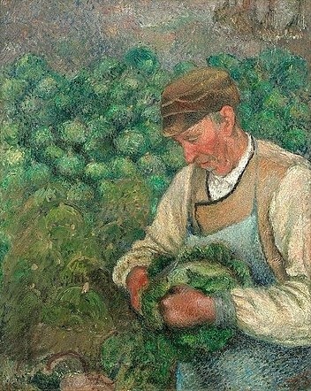 Camille Pissarro, Der Gärtner - alter Bauer mit Kohl. 1883-95 (Washington,National Gallery,Pissarro,Camille,1830-1903,Öl auf Leinwand,19. Jahrhundert,Impressionismus,französischer,Camille, Pissarro,Kohlkopf,Garten Gemüse Gemüsegarten, Kohl,Landwirtschaft Schürze Mann)