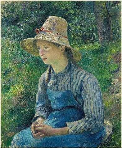 Camille Pissarro, Bauernmädchen mit Strohhut. 1881 (Impressionismus,französischer,19. Jahrhundert,Öl auf Leinwand,1830-1903,Pissarro,Camille,Washington,National Gallery,Camille Pissarro,Mädchen,Hut,Strohhut,Schürze,Bluse,sitzen,auf dem Land,ländlich,französisch)
