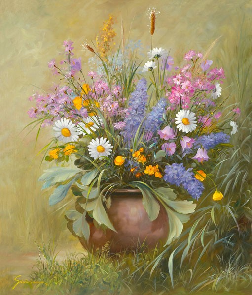 Heinz Schölnhammer, WIESENSTRAUß I (Stillleben, Blumen, Blüten, Sommerblumen, Terracotta, mediterran, Realismus, Wunschgröße, Esszimmer, Wohnzimmer, Treppenhaus, Malerei, bunt)