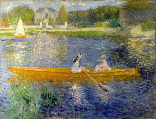 Pierre-Auguste Renoir, Das Ruderboot (La Yole). 1875 (Landschaft, See, Freizeit, Boot, rudern, Frauen, Ausflug, Idylle, Sommer, Impressionismus, klassische Moderne, Wunschgröße, Wohnzimmer, Malerei)