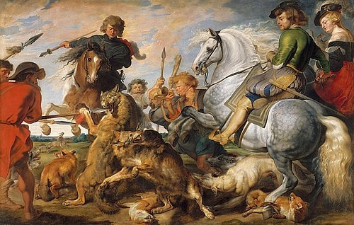 Peter Paul Rubens, Wolfs- und Fuchsjagd. Um 1616 (Jagdszene, Wölfe, Füchse, Jagd, Jäger, Beute, Lanzen, Reiter, Wild, Wildtiere, Pferde,  Barock, Klassiker, Malerei,  Treppenhaus, Wohnzimmer, Wunschgröße, bunt)