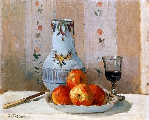 Camille Pissarro, Stillleben mit Äpfeln und Krug. 1872 (Obst,französischer,Impressionismus,Stillleben,19. Jahrhundert,Öl auf Leinwand,1830-1903,Pissarro,Camille,New York,Metropolitan Museum,Camille Pissarro,Krug,Apfel,Äpfel,Messer,Weinglas,Obst,Obstteller,Tapete)