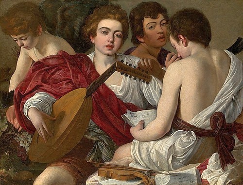 Michelangelo Merisi da Caravaggio, Die Musiker. 1597 (Musiker, Lautespieler, Jungen, Jünglinge, Probe, Klassiker, Barock, Esszimmer, Wohnzimmer, Malerei, Wunschgröße,  bunt)