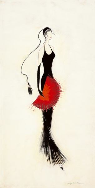 Marilyn Robertson, DAME IN SCHWARZ I (Malerei, junge Frau, Eleganz, Abendkleid, roter Fächer, dekorativ, modern, Schlafzimmer, Treppenhaus, Wohnzimmer, Jugendzimmer, Bistro, Wunschgröße, bunt)