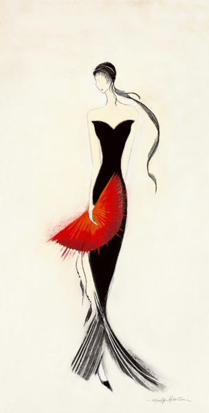 Marilyn Robertson, DAME IN SCHWARZ II (Malerei, junge Frau, Eleganz, Abendkleid, roter Fächer, dekorativ, modern, Schlafzimmer, Treppenhaus, Wohnzimmer, Jugendzimmer, Bistro, Wunschgröße, bunt)