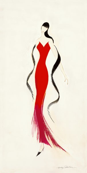 Marilyn Robertson, DAME IN ROT II (Malerei, junge Frau, Eleganz, rotes Abendkleid, dekorativ, modern, Schlafzimmer, Treppenhaus, Wohnzimmer, Jugendzimmer, Bistro, Wunschgröße, bunt)