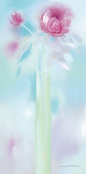 Marilyn Robertson, SINGLE SUMMER BLOOM I (Malerei, Stillleben, Blume, Blüte, Sommer, filigran, Vase, modern, dekorativ, Wunschgröße, Schlafzimmer, Treppenhaus, Wohnzimmer, blass/pastell)