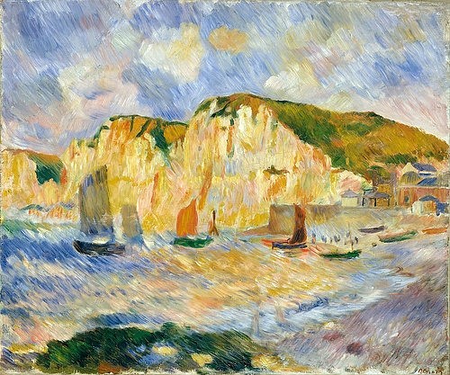 Pierre-Auguste Renoir, Meer und Klippen. Um 1885 (Felsenküste, Küste, Steilküste, Meer, Klippen, Segelboote, Impressionismus, klassische Moderne, Wunschgröße, Wohnzimmer, Malerei)