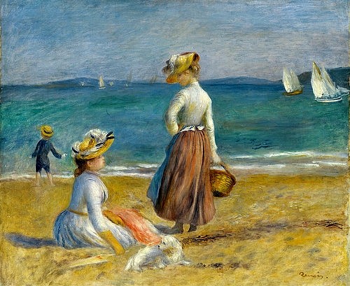 Pierre-Auguste Renoir, Zwei Frauen am Strand. 1890 (Cote d'Azur, Frauen, Strand Sand, Korb weißer Hund, Junge Meer, Freizeit, Sommer, Segelboote, Impressionismus, klassische Moderne, Wunschgröße, Wohnzimmer, Malerei)