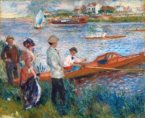 Pierre-Auguste Renoir, Ruderer in Chatou. 1879 (Ausflügler, Boot, Ruderboot Freizeit, Seine, Frankreich, Fluss, Flussufer, Ruderer, Wassersport, Impressionismus, klassische Moderne, Wunschgröße, Wohnzimmer, Malerei)