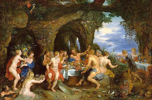 Peter Paul Rubens, Das Fest des Acheloos. Um 1615 (Flussgott, Acheloos Achelous Personifikation, Fluss, Gelage, Feier, Festmahl, üppig, Aktmalerei, Landschaft, Barock, Klassiker, Malerei,  Treppenhaus, Wohnzimmer, Wunschgröße, bunt)