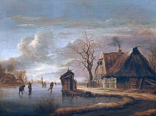 Raffael G Camphuysen, Winterlandschaft mit Bauernhaus. Um 1650-57 (Camphuysen,Raffael G,1597/98-1657,Öl auf Eichenholz,17. Jahrhundert,Barock,niederländisch,Kunsthalle Bremen,Kunsthalle Bremen - Der Kunstverein in Bremen.,28195 Bremen,Schenkung Schünemann,Camphuysen, Rafaël Govertsz, Bauernhaus, Winter Eis See bedeckt)