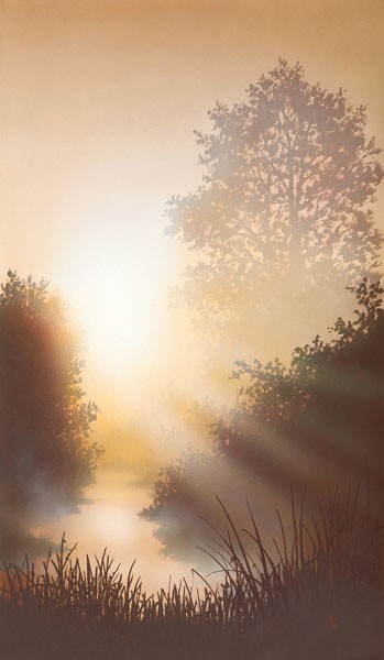 Peter Walsh, EARLY SPRING I (Malerei, Landschaft, Natur mystisch, Flusslandschaft, Frühling, Sonnenlicht, Sonnenstrahlen, Dunst, Nebel, diffus, Lichtspiel, Treppenhaus, Schlafzimmer, Wohnzimmer, Wunschgröße, bunt)