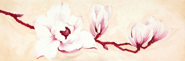 Elisabeth Verdonck, MAGNOLIAS I (Malerei, Magnolie, Magnolienblüten, Magnolienast,  Natur, Floral, Blüten, Botanik, Schlafzimmer, Wohnzimmer, Wunschgröße, rosa/bunt)