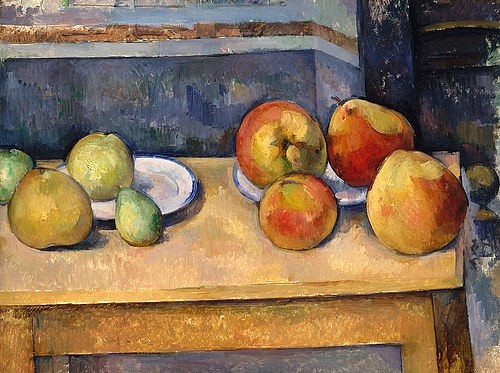 Paul Cézanne, Stillleben mit Äpfeln und Birnen. Um 1891-92 (Stillleben, Obst, Früchte, Äpfel, Birnen, Tisch, Teller,  Wunschgröße, Klassiker, Impressionismus, Wunschgröße, Wohnzimmer, Esszimmer,)