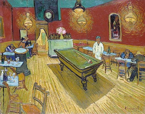 Vincent van Gogh, Das Nachtcafé (Le café de nuit). 1888 (Gogh,Vincent van,1853-1890,Öl auf Leinwand,19. Jahrhundert,Interieur,Post-Impressionismus,Y,Yale University Art Gallery,New Haven,CT,USA,Vincent van Gogh grün rot gelb Billardtisch Lampe Lampen,Ofen, Cafe Nachtleben, Einsamkeit Nachtcafe Nachtcafé Tisch T)