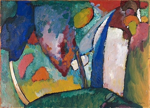 Wassily Kandinsky, Der Wasserfall. 1909 (Expressionismus,Der Blaue Reiter,Der Blaue Reiter,20. Jahrhundert,Yale University Art Gallery,New Haven,CT,USA,Y,Öl auf Karton,1866-1944,Kandinsky,Wassily,Wassily Kandinsky,Wasser,Wasserfall,Formen Farben halbabstrakt Landschaft halb-abstrakt)