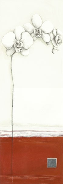 Ally & Reader Gore, WHITE ORCHID II (Abstrakt, Farbfelder, Blüte, Orchidee, floral, abstrakte Malerei, Modern, Büro, Wohnzimmer, Wunschgröße, schwarz / weiß, rostbraun)