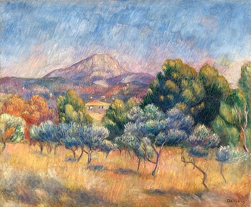 Pierre-Auguste Renoir, Der Mont Sainte-Victoire. Um 1888-89 (Landschaft, Landschaftsmalerei, Berg, Frankreich, Sommer, Olivenbäume, Montagne Sainte-Victoire, Südfrankreich, Provence, Impressionismus, klassische Moderne, Wunschgröße, Wohnzimmer, Malerei)