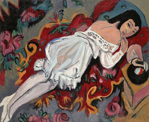 Ernst Ludwig Kirchner, Mädchen in einem weißen Hemd. 1914 (Kirchner,Ernst Ludwig,1880-1938,Öl auf Leinwand,20. Jahrhundert,Expressionismus,Die Brücke,Y,Yale University Art Gallery,New Haven,CT,USA,Ernst Ludwig Kirchner,liegen jung Frau dunkelhaarig weiß Schallplatte Grammophon)