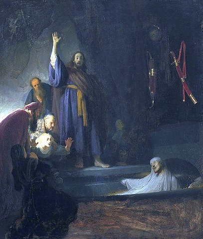 Rembrandt van Rijn, Die Auferweckung des Lazarus. Um 1630-32 (Barock,niederländisch,17. Jahrhundert,Öl auf Holz,Los Angeles,County Museum of Art,1606-1669,Rembrandt van Rijn,Rembrandt Harmensz. van Rijn,Lazarus,Wunder,Jesus Christus,Auferstehung Tod tot Auferweckung Grab Staunen Bibel biblisch)