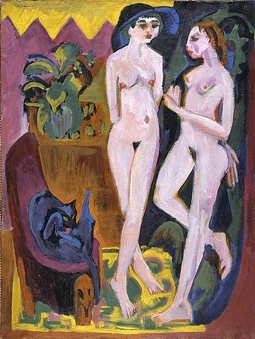 Ernst Ludwig Kirchner, Zwei Akte in einem Raum. 1914 (Los Angeles,Die Brücke,USA,Expressionismus,20. Jahrhundert,Öl auf Leinwand,Los Angeles,County Museum of Art,1880-1938,Kirchner,Ernst Ludwig,Ernst Ludwig Kirchner,zwei Frau Frauen Akt Akte stehen)